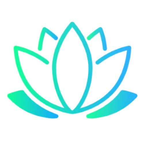 Stylized blue and green lotus flower logo on a black background.
