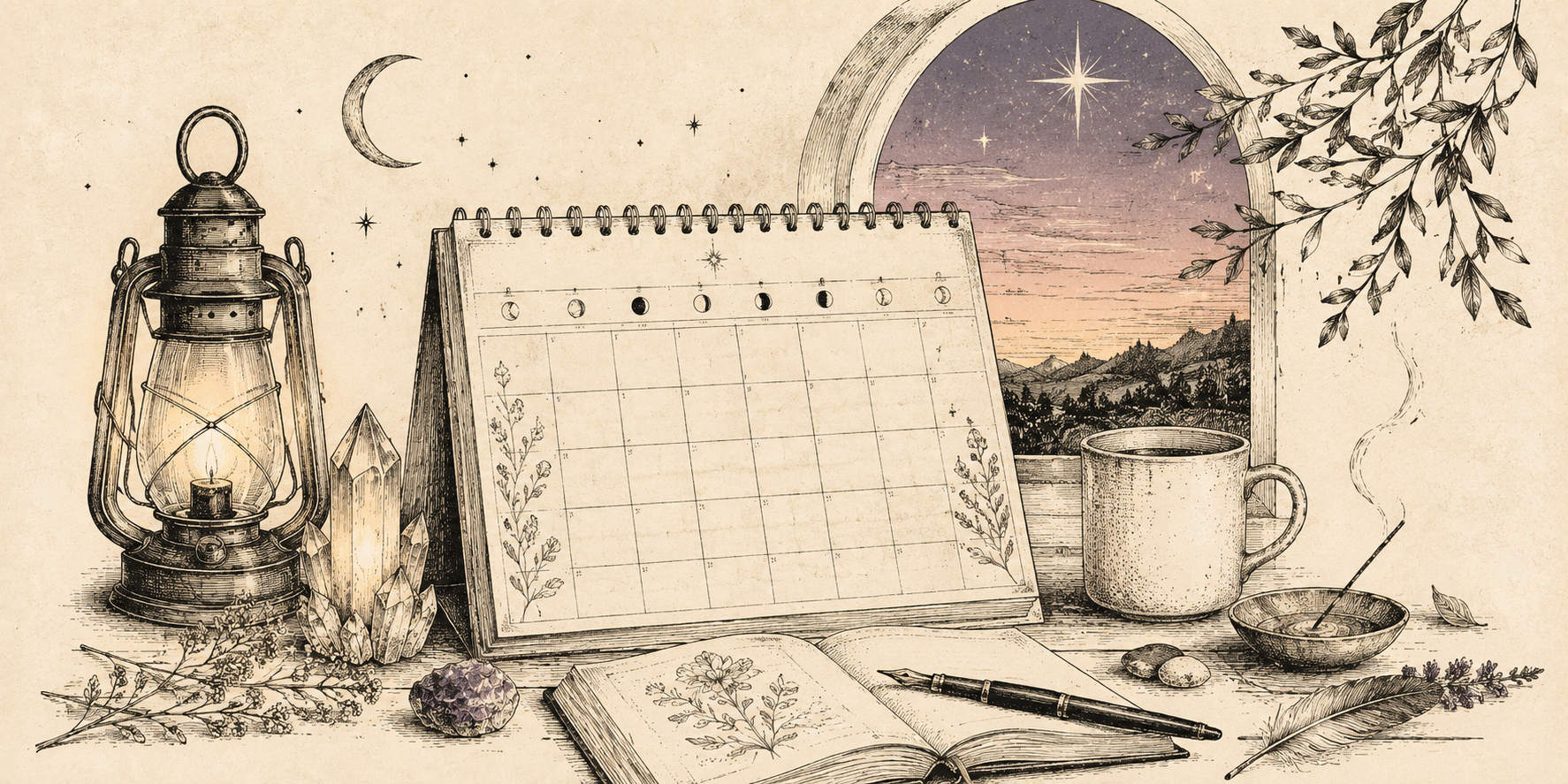 Vintage sketch of a desk scene with a lantern, calendar, open journal, pen, mug, bowl, crystals, and plants, against a window showing a landscape at sunset with stars and a crescent moon.