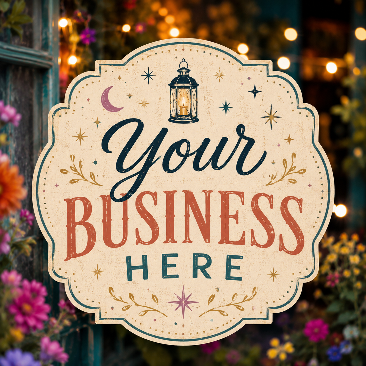 Sign that says 'Your Business Here' with decorative elements, lantern illustration, moon, stars, and floral background.