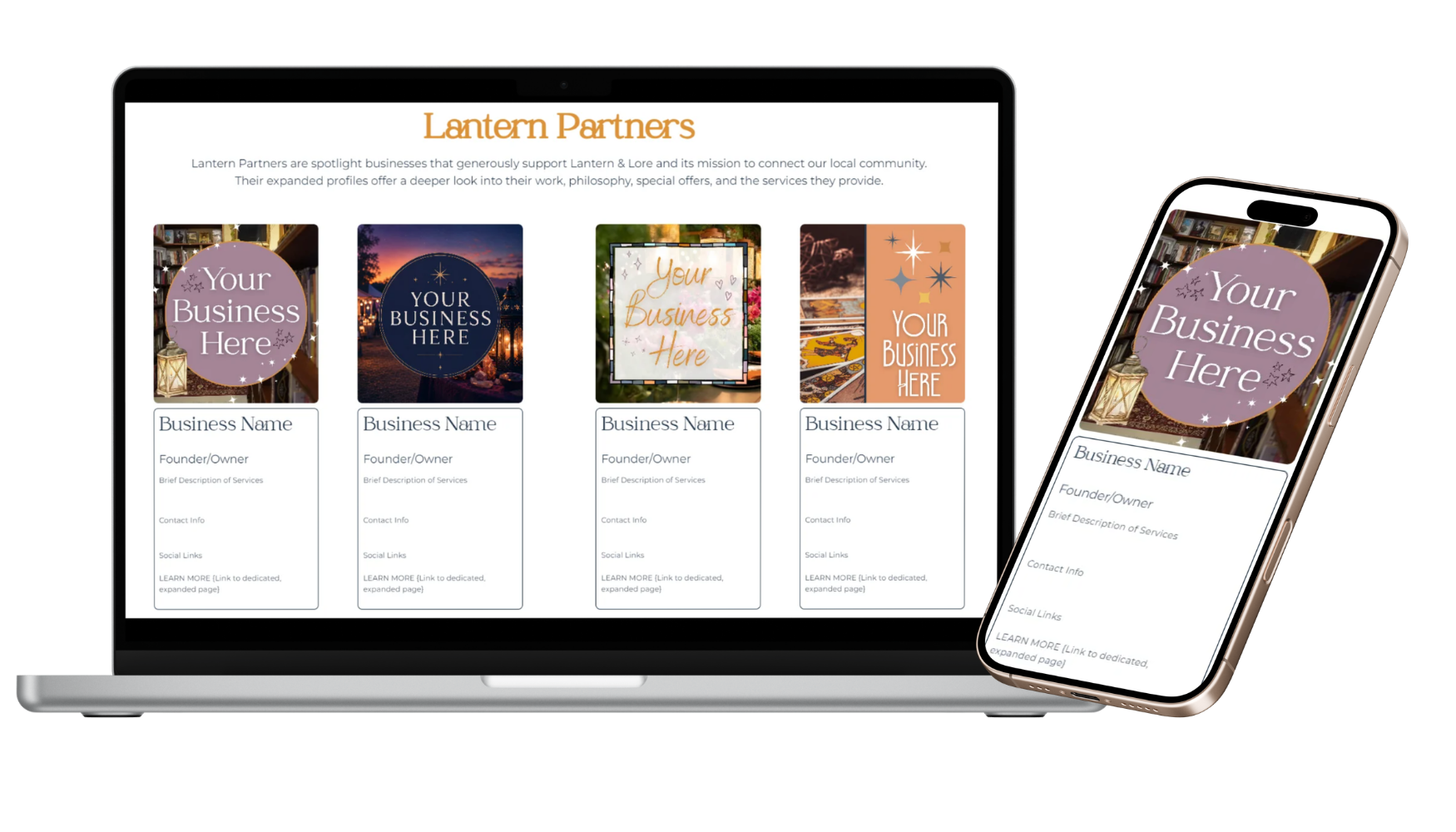 A laptop and smartphone displaying a webpage titled "Lantern Partners". The webpage features four business profile cards, each with a placeholder for a business name, owner title, brief description, contact info, social links, and a link for more details. The background of the webpage has a festive, lantern-themed design.