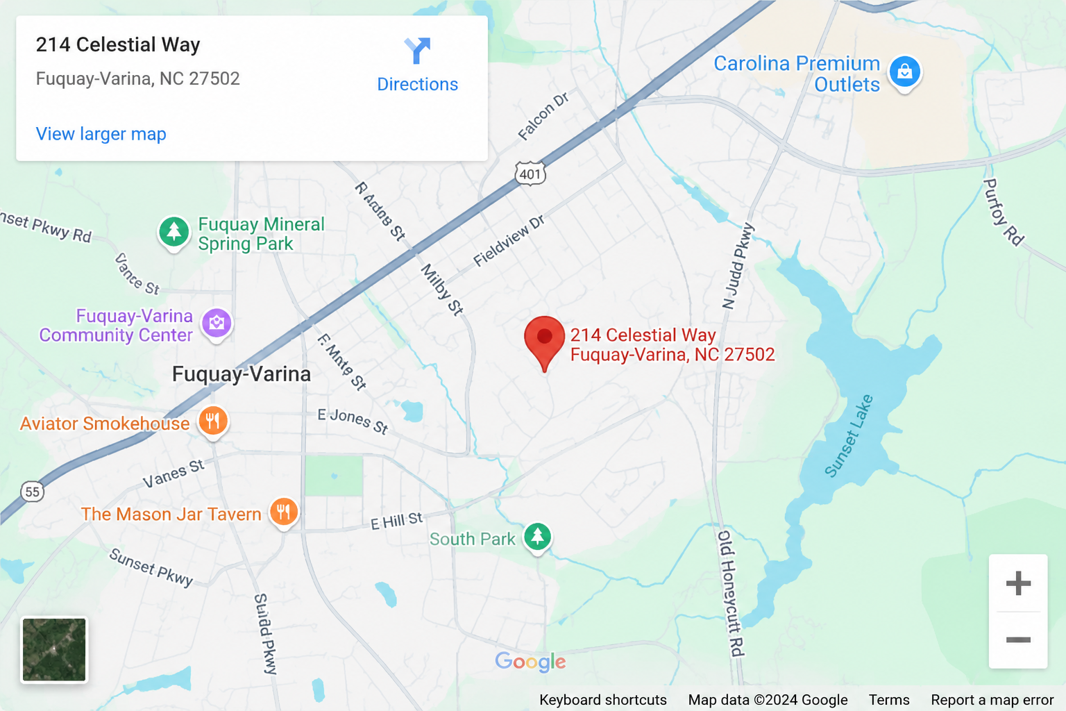 Map showing the location of 214 Celestial Way, Fuquay-Varina, North Carolina, with nearby landmarks including Fuquay Mineral Spring Park, Fuquay-Varina Community Center, Sunset Lake, Sunset Lake Park, South Park, and restaurants Aviator Smokehouse and The Mason Jar Tavern.