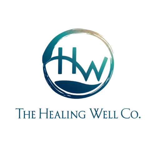 Logo for the Healing Well Co. featuring a circular emblem with the initials H and W, and the company name below in blue text.