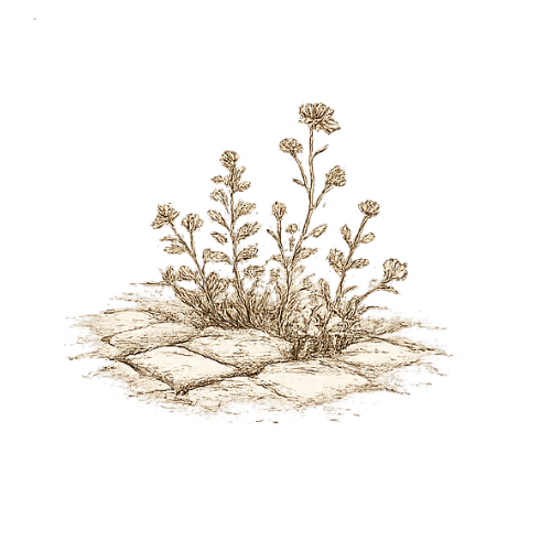 Sketch of a small plant growing in a rocky patch against a black background.