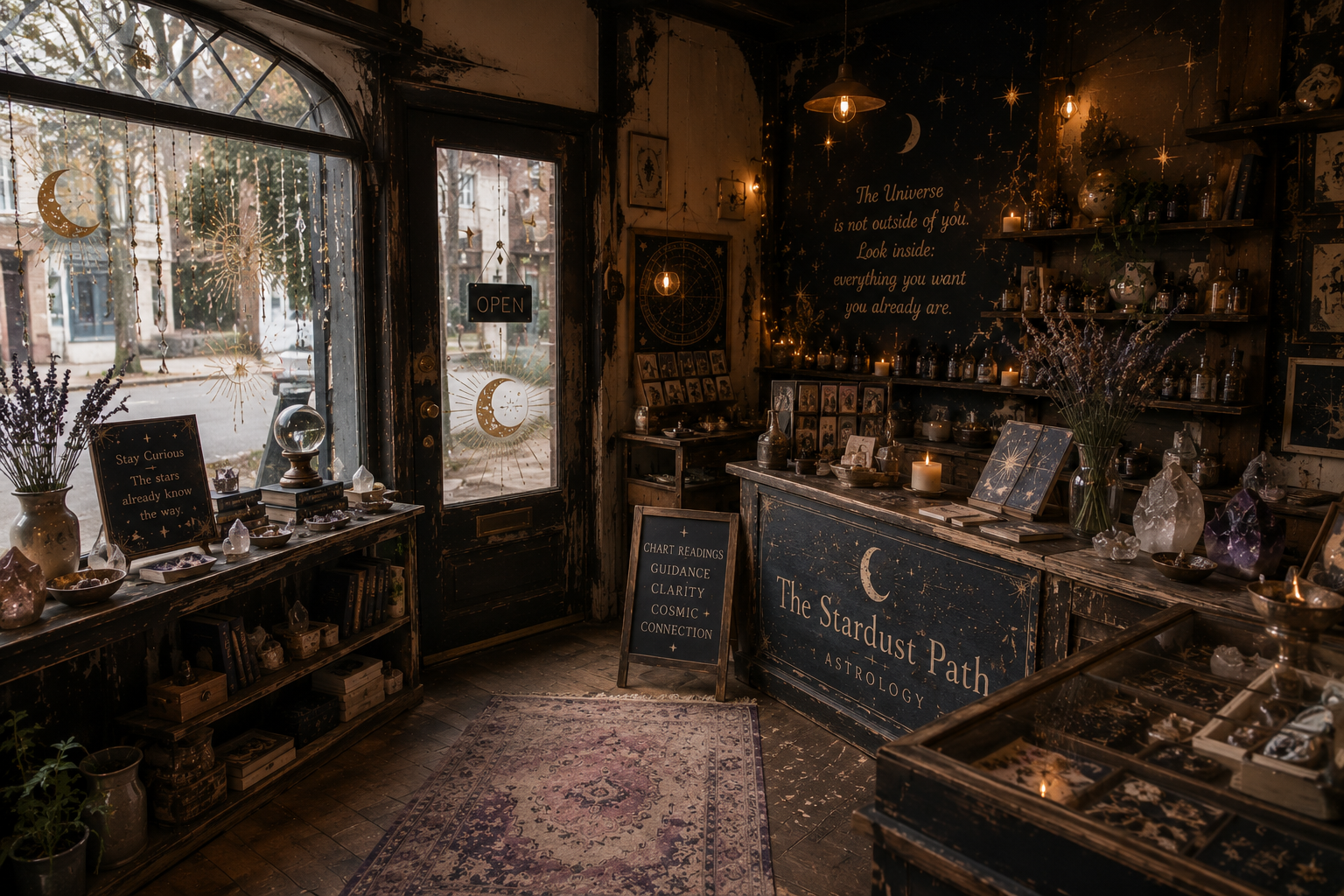 Interior of a mystical astrology shop called 'The Stardust Path.' The space is dimly lit with warm candles and fairy lights, featuring celestial decorations like moons, stars, and astrological charts. Shelves hold crystals, bottles, books, and mystical items, with a large window revealing fall trees outside.