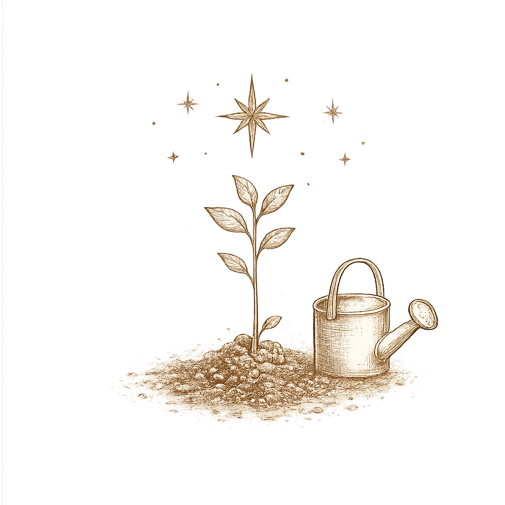An illustration of a sprout with a watering can