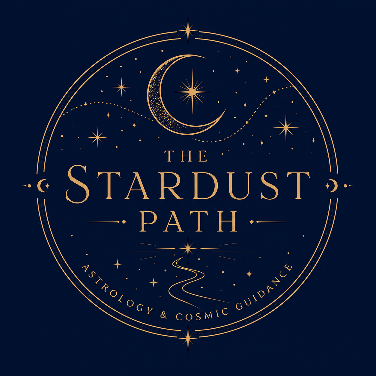 Logo for The Stardust Path, with a dark blue background and gold celestial illustrations including a crescent moon, stars, and a winding path, along with the text "The Stardust Path" and "Astrology & Cosmic Guidance".