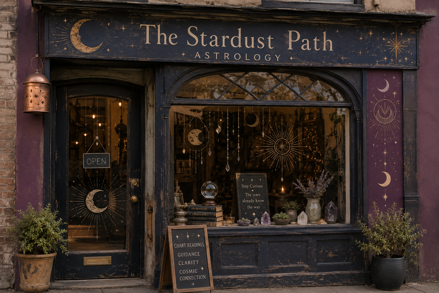 The storefront of 'The Stardust Path Astrology,' decorated with celestial motifs like moons and stars, with plants on either side of the door and window, an 'Open' sign hanging on the door, and a chalkboard sign outside listing services such as chart readings, guidance, clarity, cosmic connection, with ornaments and crystals visible through the window.