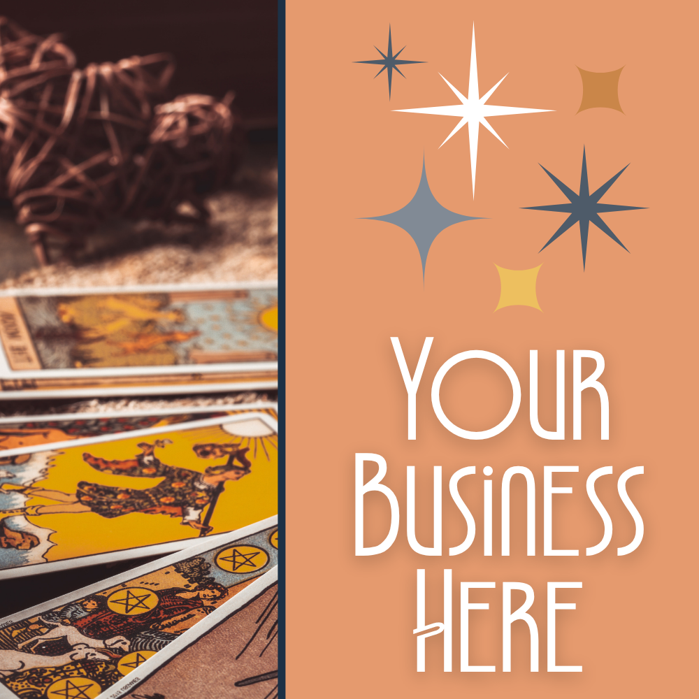A digital advertisement split into two parts: the left side shows tarot cards on a brown surface, with some tarot imagery visible, and the right side features a peach-colored background with various star-like decorative shapes and the text "YOUR BUSINESS HERE."