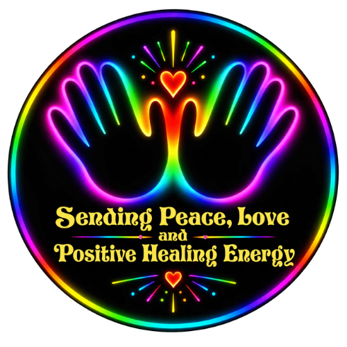 Neon illustration of two hands forming a heart with a small red heart above, surrounded by rainbow-colored circles and rays, with the text 'Sending Peace, Love and Positive Healing Energy' in yellow font.