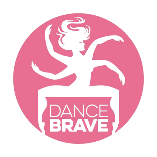 Logo of a dancer with multiple arms and hair flowing, with the words "Dance Brave" underneath, on a pink circle background.
