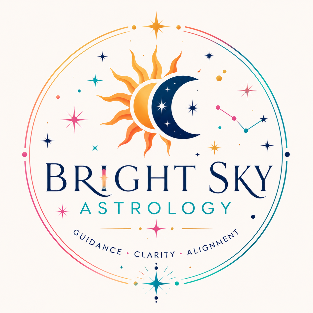 Logo for Bright Sky Astrology featuring sun, moon, and star illustrations with colorful accents and the words "Guidance, Clarity, Alignment".