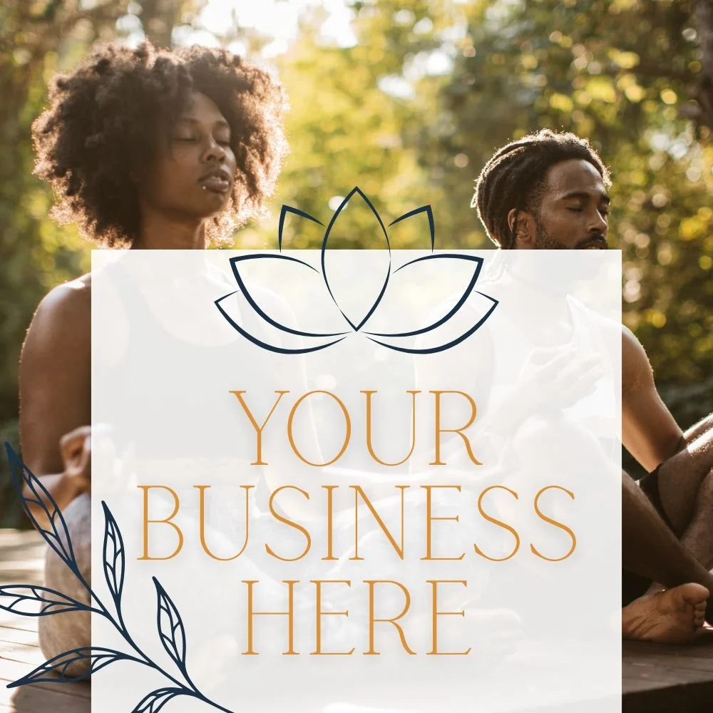 People practicing meditation outdoors with a lotus flower graphic and space for business branding.