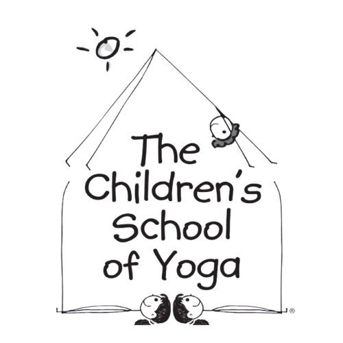 Logo for The Children's School of Yoga featuring a sun, a hanging banner, and two birds facing each other.