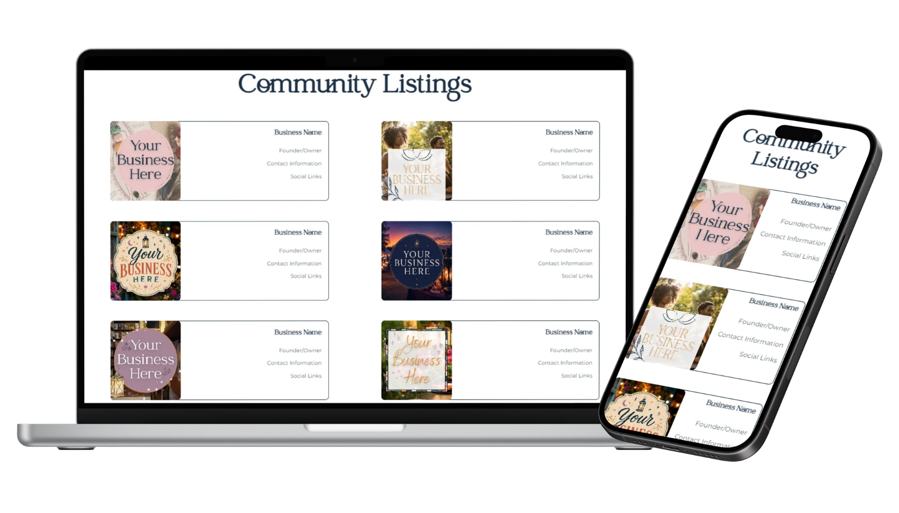 Digital display of community business listings on a laptop and smartphone screens showing six different business cards and contact information.