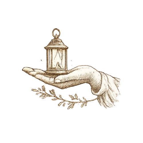A detailed illustration of a hand holding a small lantern, with a sprig of holly beneath it.