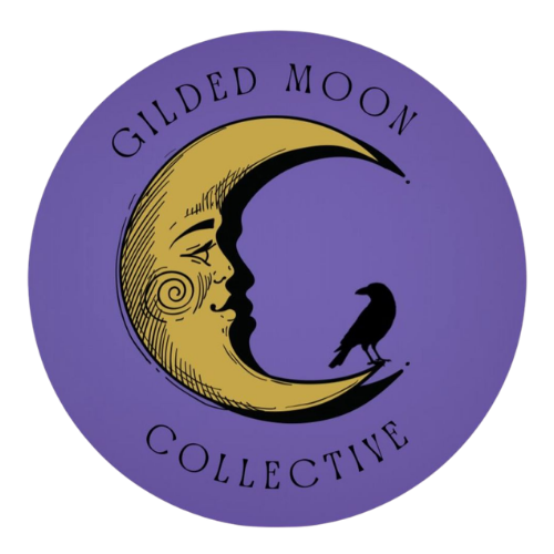 A circular logo with a purple background, featuring a stylized yellow crescent moon with a face and a black crow perched on the moon's edge. The words "Gilded Moon" are curved above, and "Collective" below.
