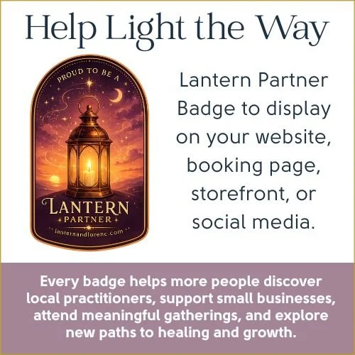 An informational graphic promoting Lantern Partnership Badges for website display, featuring a lantern logo with a starry night sky background and text highlighting its benefits.