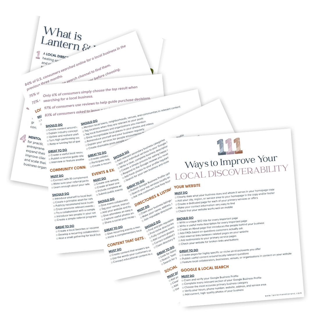Document titled 'Way to Improve Your Local Discoverability' with checklist for optimizing online presence, including sections on website, directories, listings, content, social media, and Google local search.