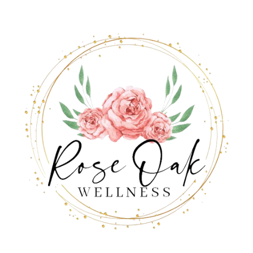 Logo with pink roses, green leaves, and gold geometric border, featuring the text \
