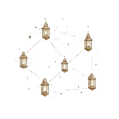 Seven lanterns hanging in a geometric pattern against a black background.