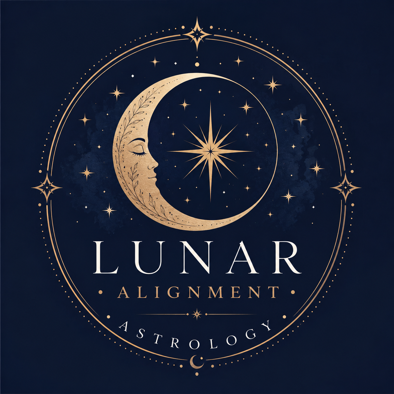Navy square with a moon and stars representing a logo for an astrologer