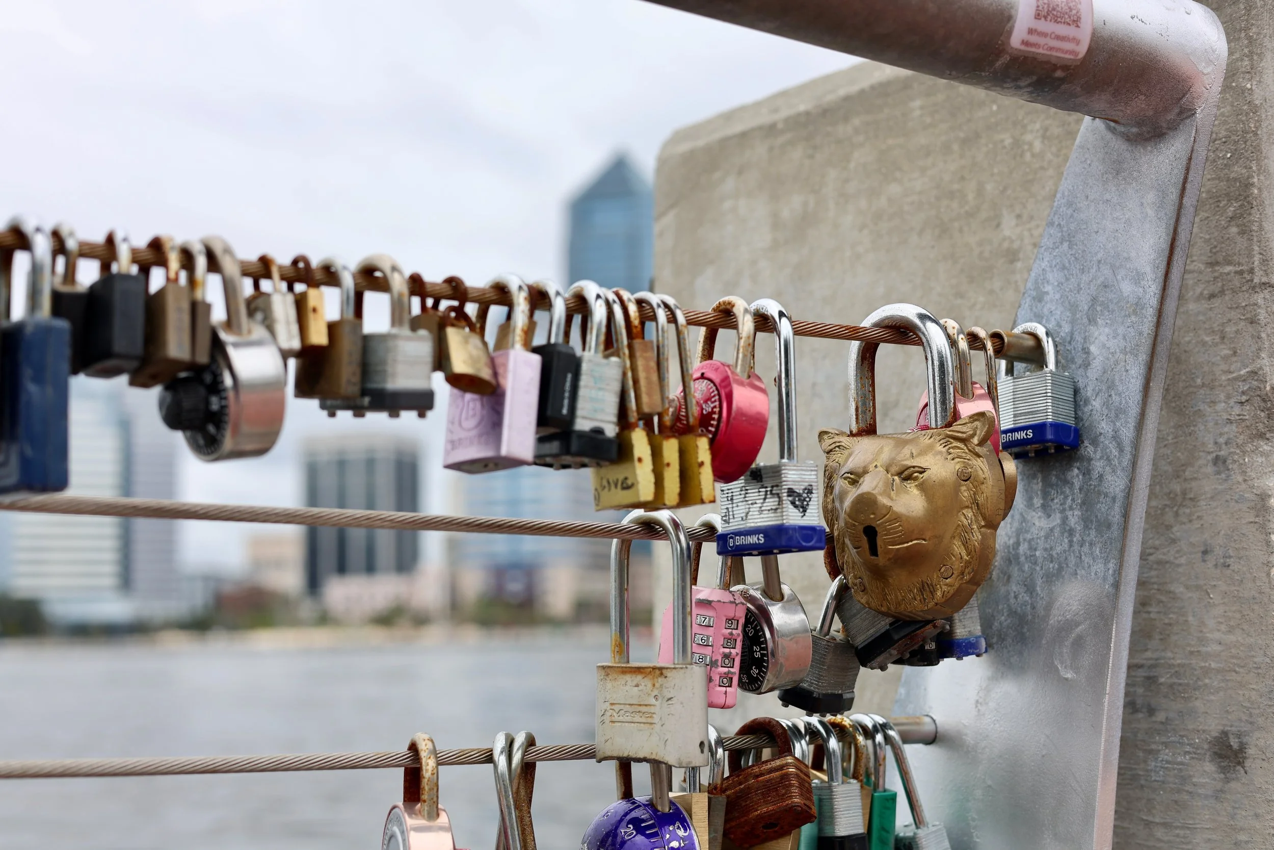 Multiple padlocks attached to a metal railing on a bridge, with a city skyline and a tall building in the background.