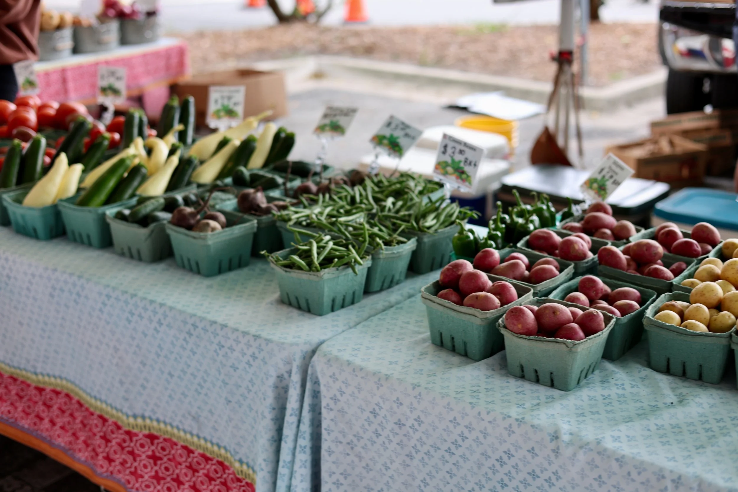 A table at an outdoor market displays baskets of fresh vegetables, including zucchinis, green beans, and small potatoes, with price signs visible in the background.