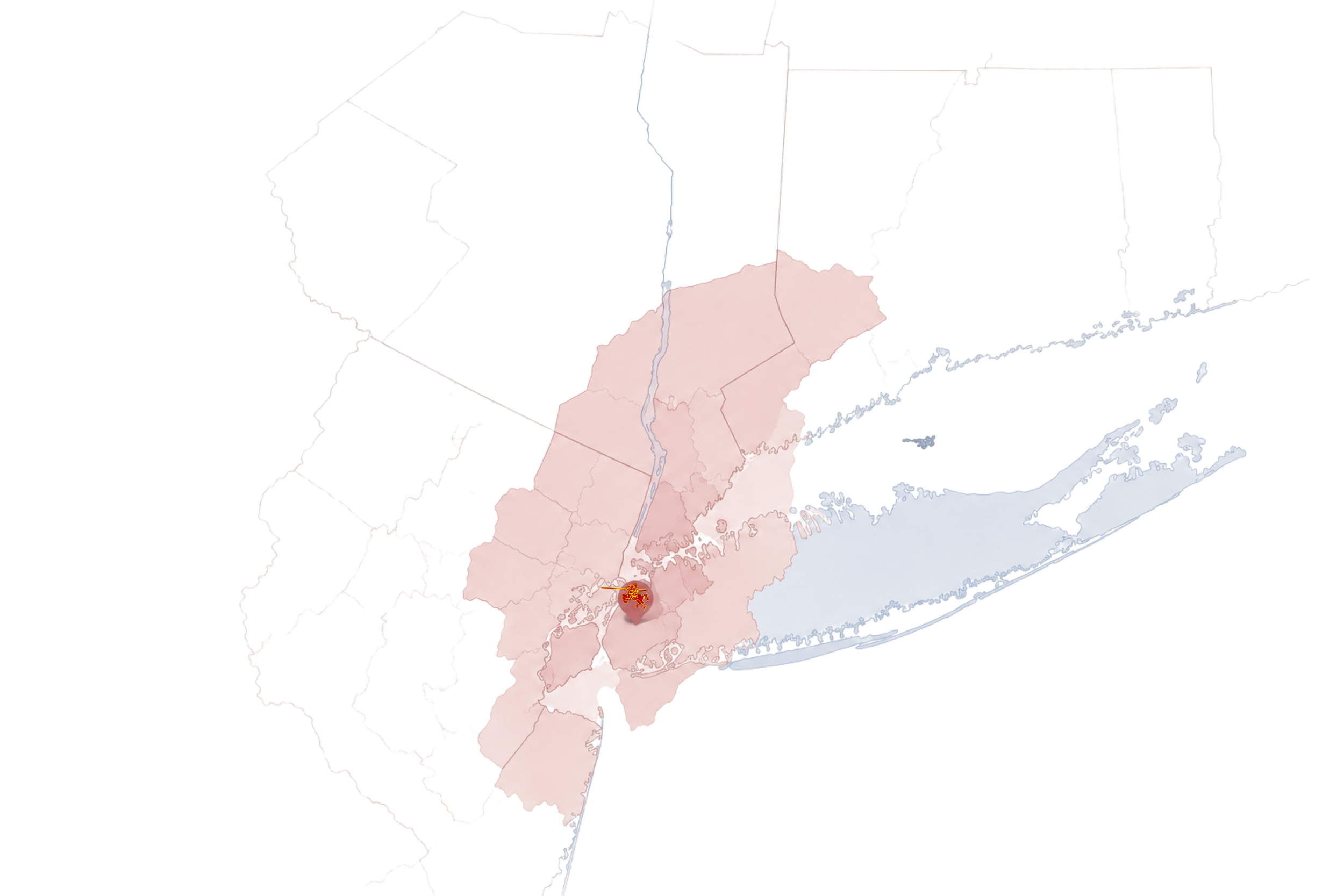 A map of the United States with a highlighted region in red and a lion symbol. The map appears distorted with artifacts.