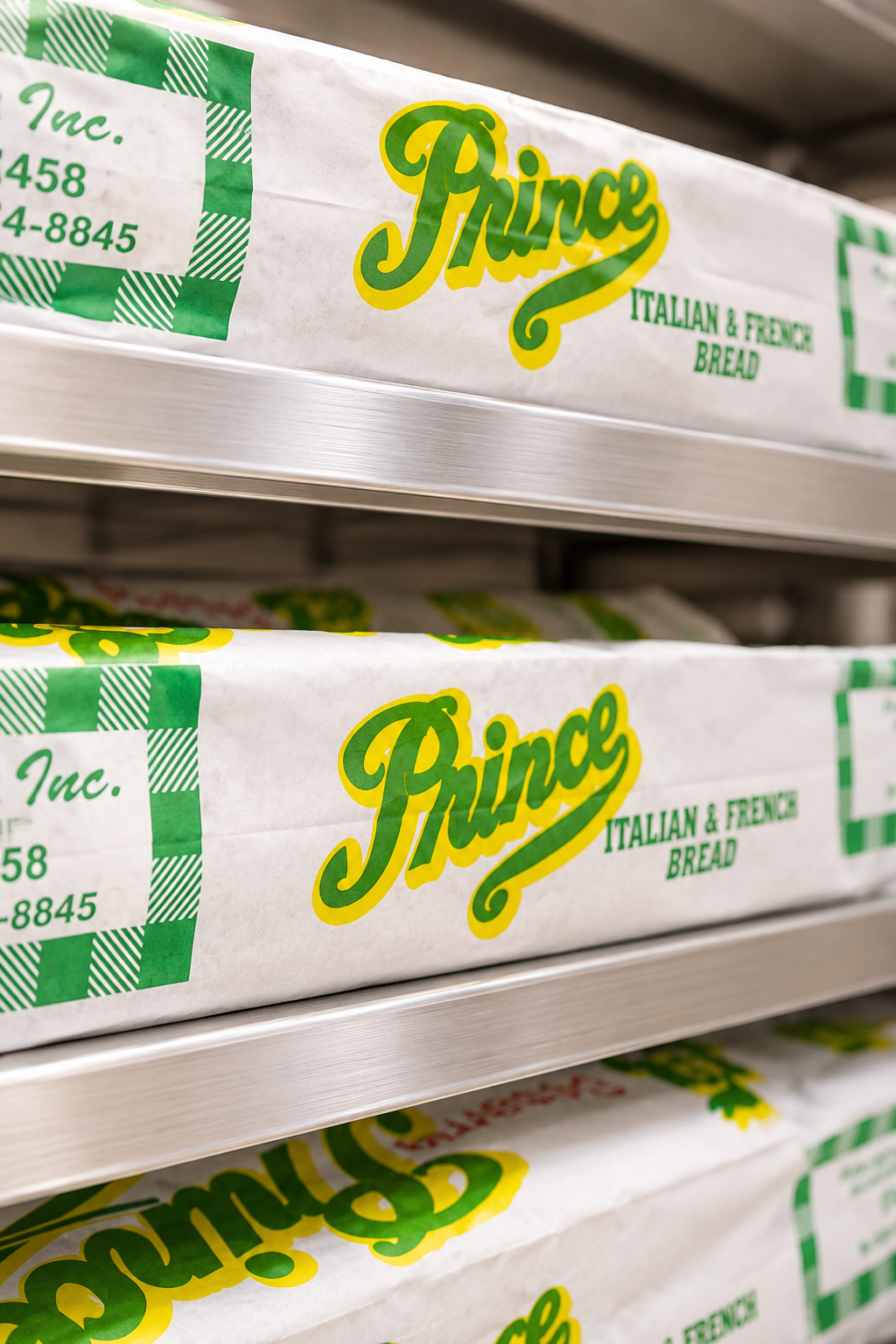 Boxes of Prince Italian & French bread on store shelves.