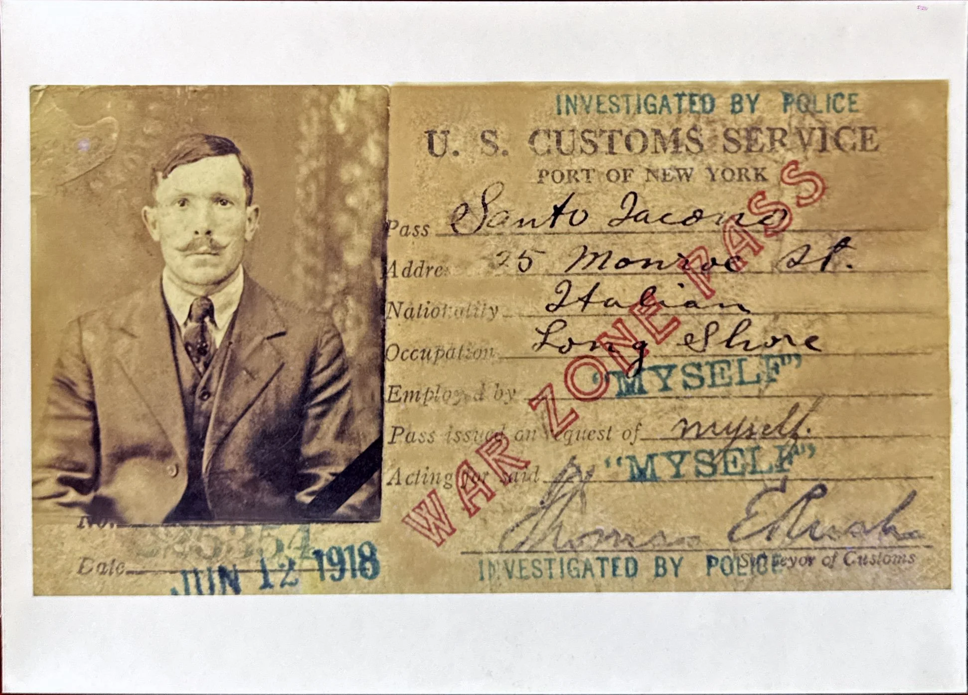 Historical identification card with a black and white portrait of a man on the left side, wearing a suit and tie. The card is labeled with various stamps and handwritten information, including 'U.S. Customs Service,' 'Port of New York,' and dates from 1918.
