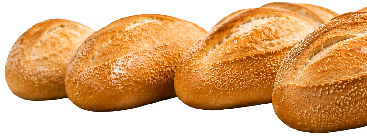 Four freshly baked bread rolls with sesame seeds on top, arranged in a row.