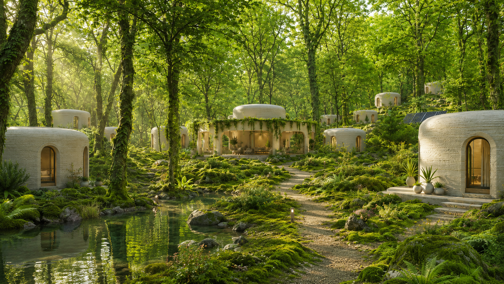 Gaia Horizon nature-integrated retreat units set within a forest landscape, combining biophilic design, privacy and low-impact construction.
