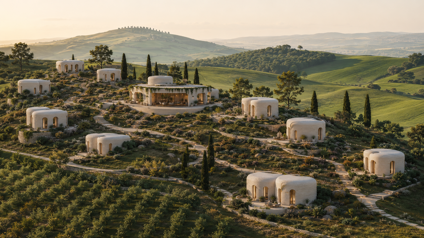 Gaia Horizon hillside retreat prototype with modular 3D-printed homes, terraced landscape design and low-impact hospitality planning.