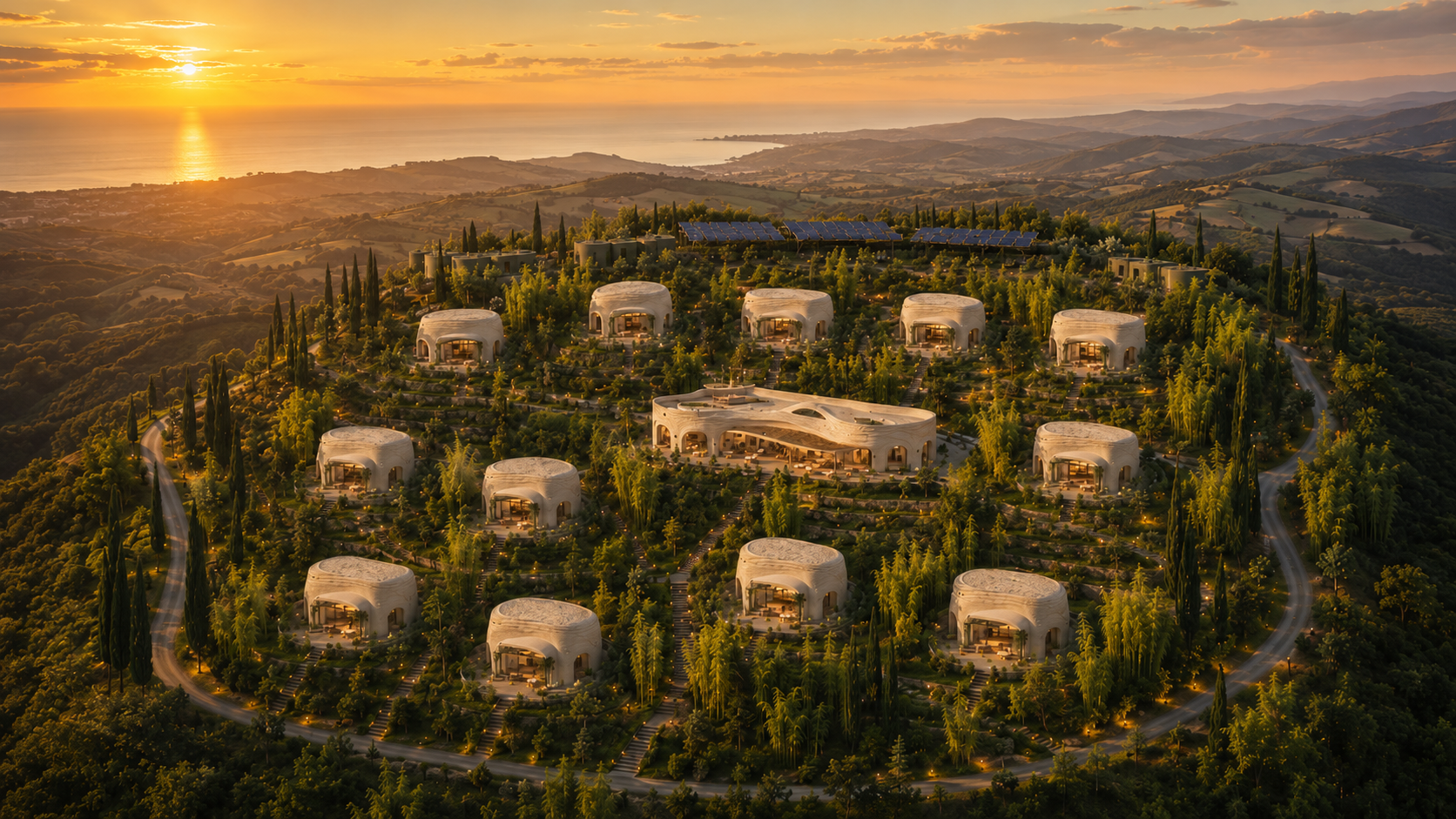 Gaia Horizon aerial view of a sustainable modular retreat with 3D-printed units, solar infrastructure and landscape-integrated hospitality.