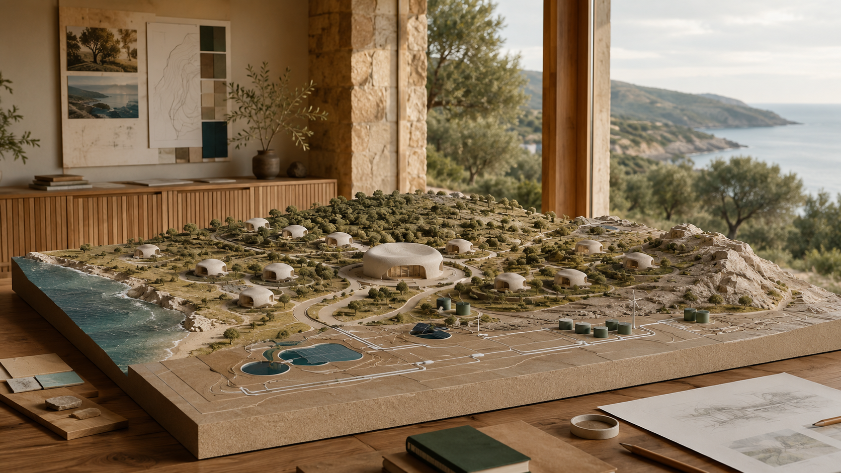 Gaia Horizon architectural masterplan model showing modular retreat units, common hub, landscape systems and sustainable site planning.
