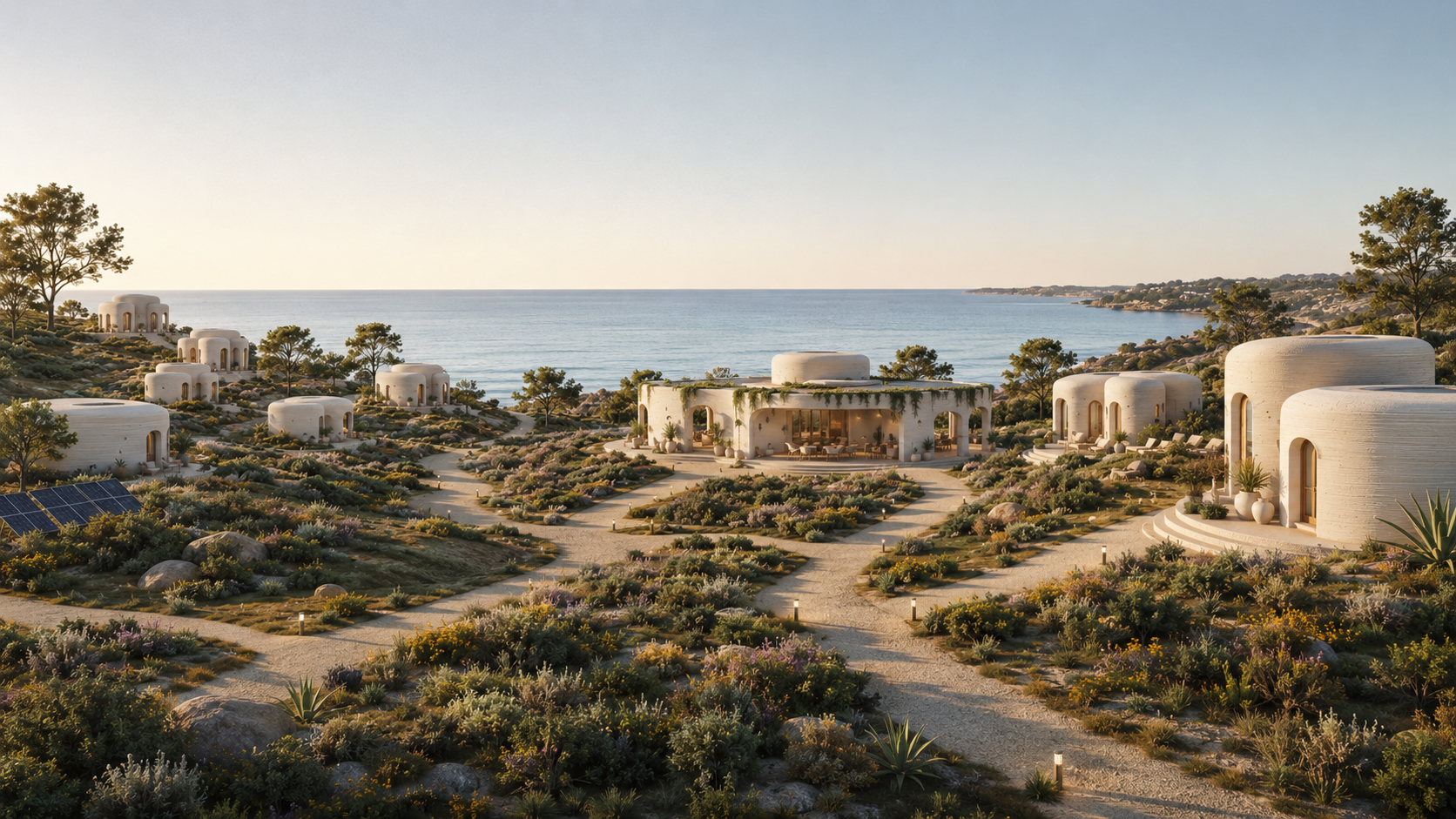 Gaia Horizon sustainable modular retreat concept with 3D-printed units, landscape-integrated paths and regenerative hospitality infrastructure.