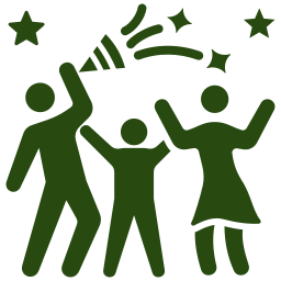 Three green figures celebrating with confetti and stars around them.