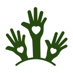 Three green hands with heart-shaped cutouts in their palms raised above a green hill.