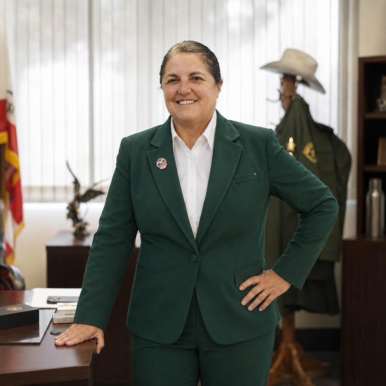 A woman in a green blazer and white shirt standing confidently in an office with one hand on her hip and the other resting on a desk. Behind her, there are flags, a military uniform on a mannequin, and office shelves.