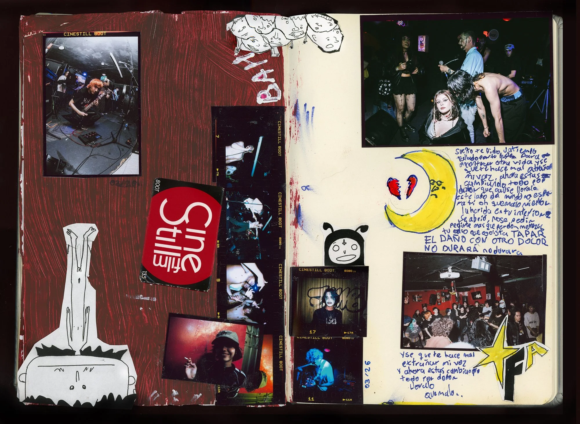 Collage de fotos en una pared con varias escenas de concierto y ambiente de fiesta, dibujos y notas escritas.