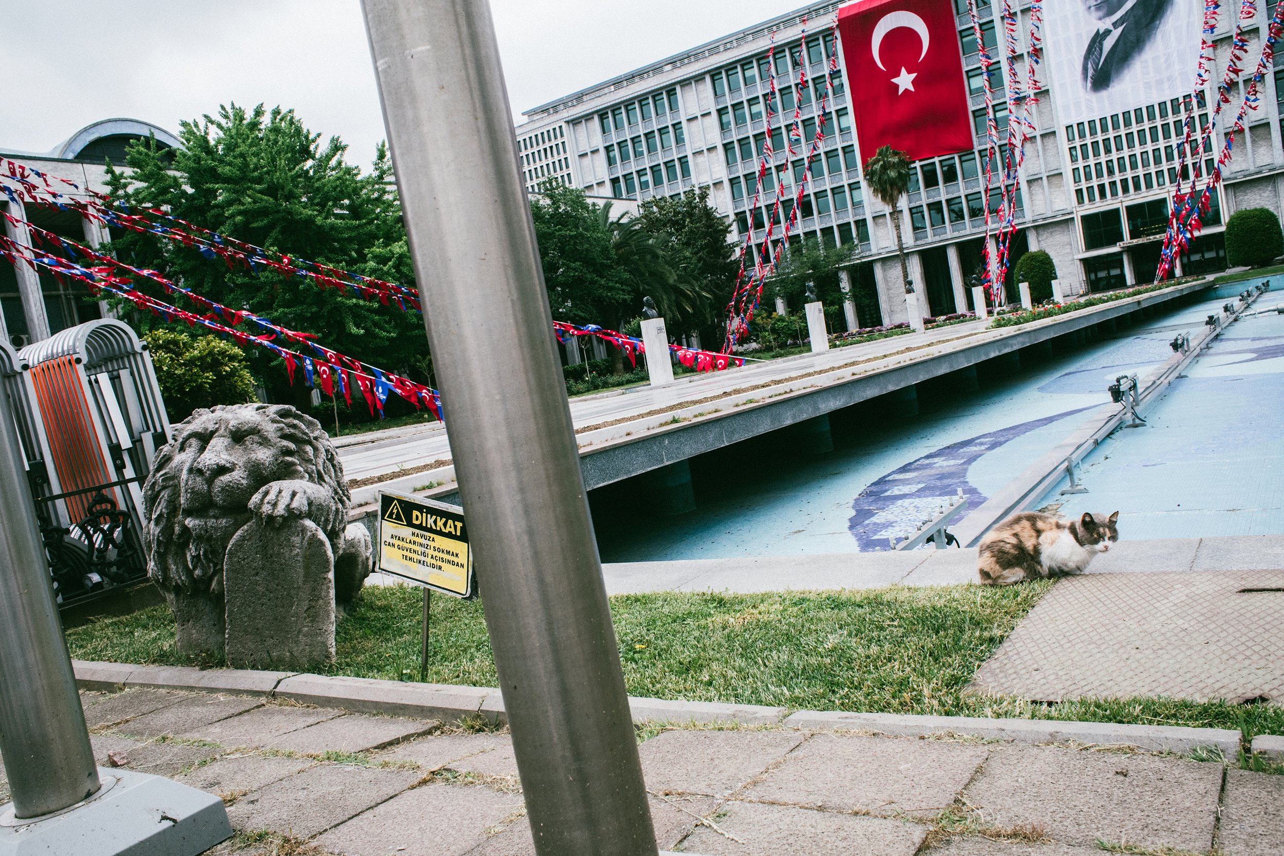 Edificio con banderas de Turquía y de una figura de retrato en la fachada, junto a una fuente con un león de piedra y un gato acostado en el suelo, y un cartel de advertencia en turco.