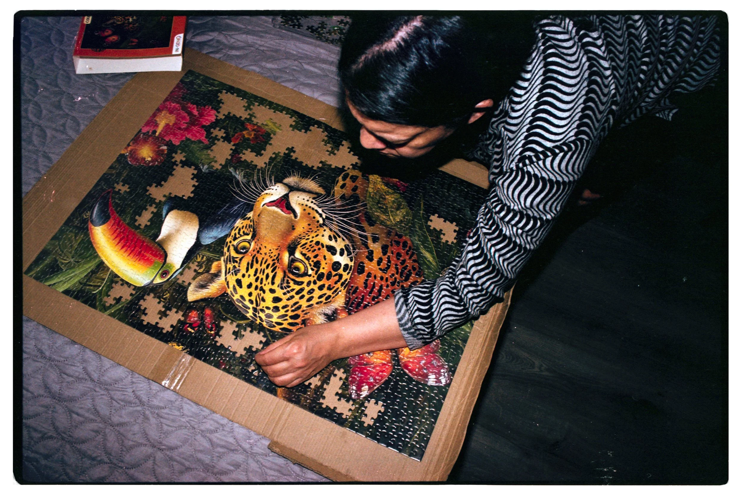 Una persona armando un rompecabezas con imágenes de animales, incluyendo un jaguar, un tucán y un pez arcoíris, sobre una mesa con una tabla de cartón y una caja de puzzle al fondo.