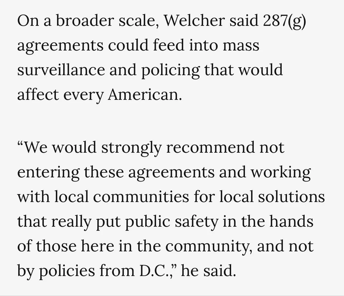 Screenshot of a quote by Aaron Welcher on 287(g) agreements.