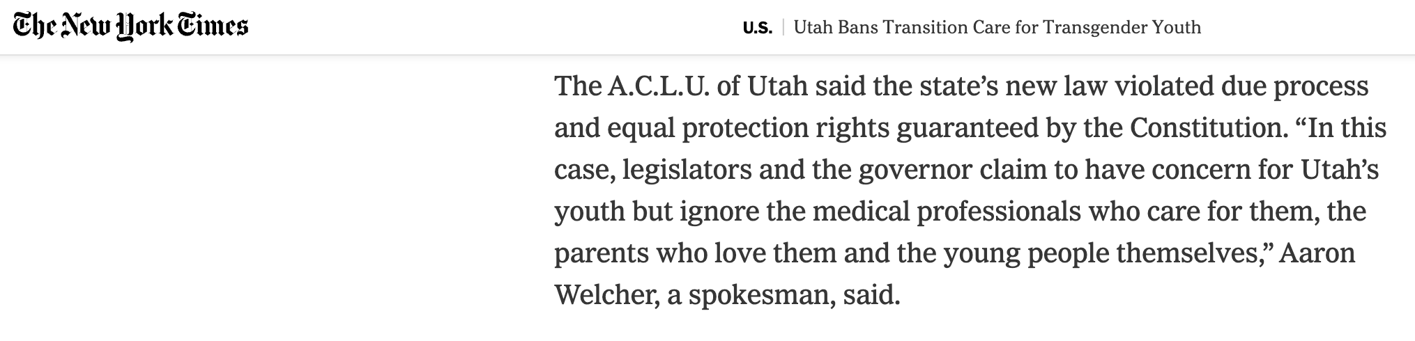Screenshot of Aaron Welcher quoted in the New York Times supporting transgender youth rights. 