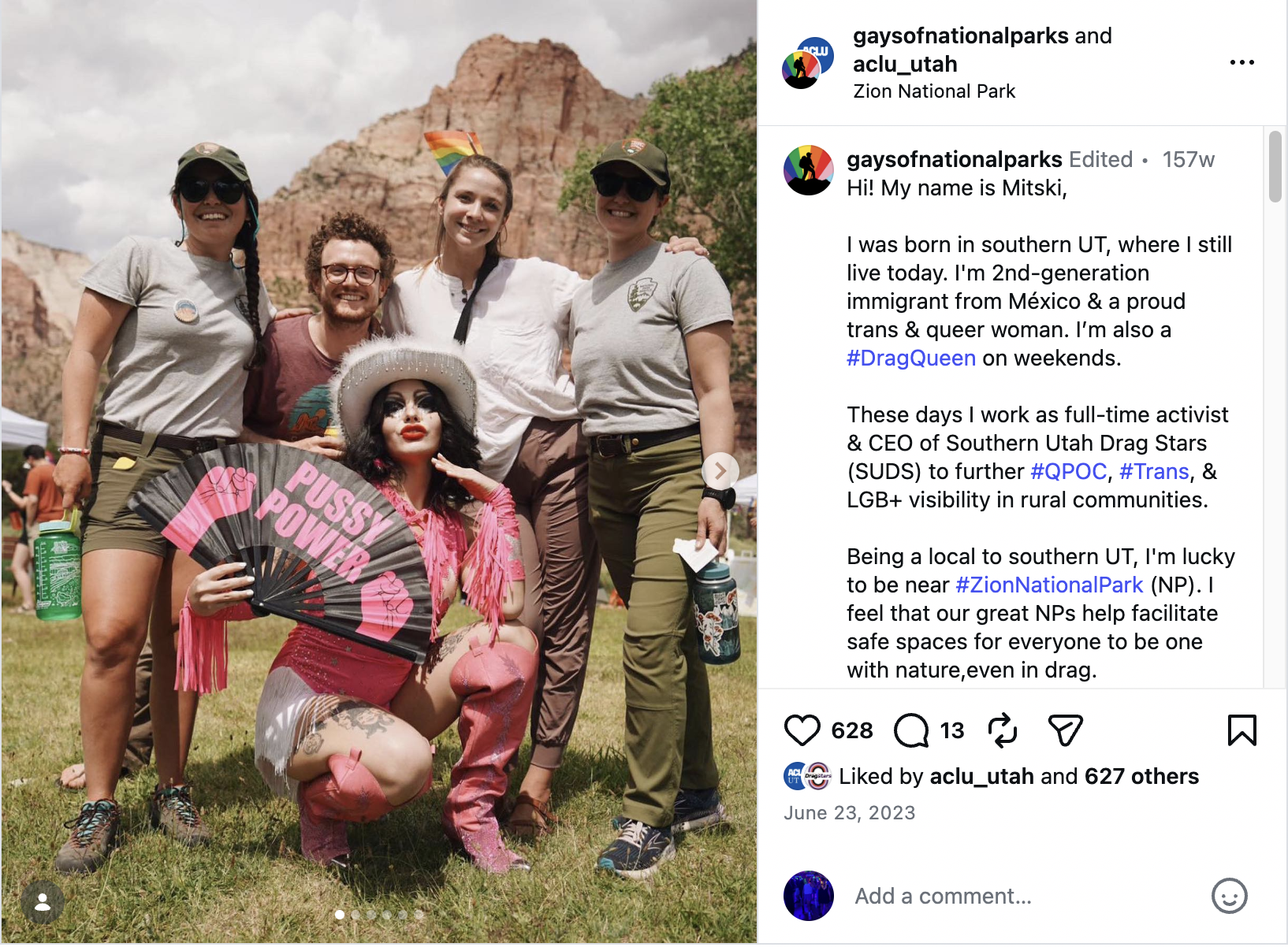 Screenshot of a popular LGBTQ+ camping influencer account featuring Mitski Avalox, our client in a First Amendment lawsuit (St. George v. Drag Stars).