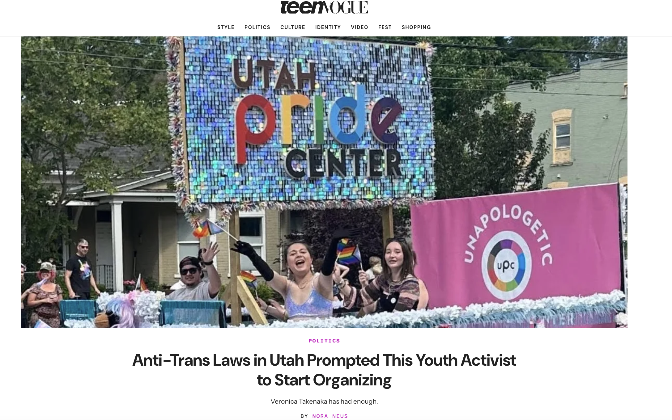 Screenshot of a Teen Vogue article Aaron Welcher helped get published titled Anti-Trans Laws in Utah Prompted This Youth Activist to Start Organizing.