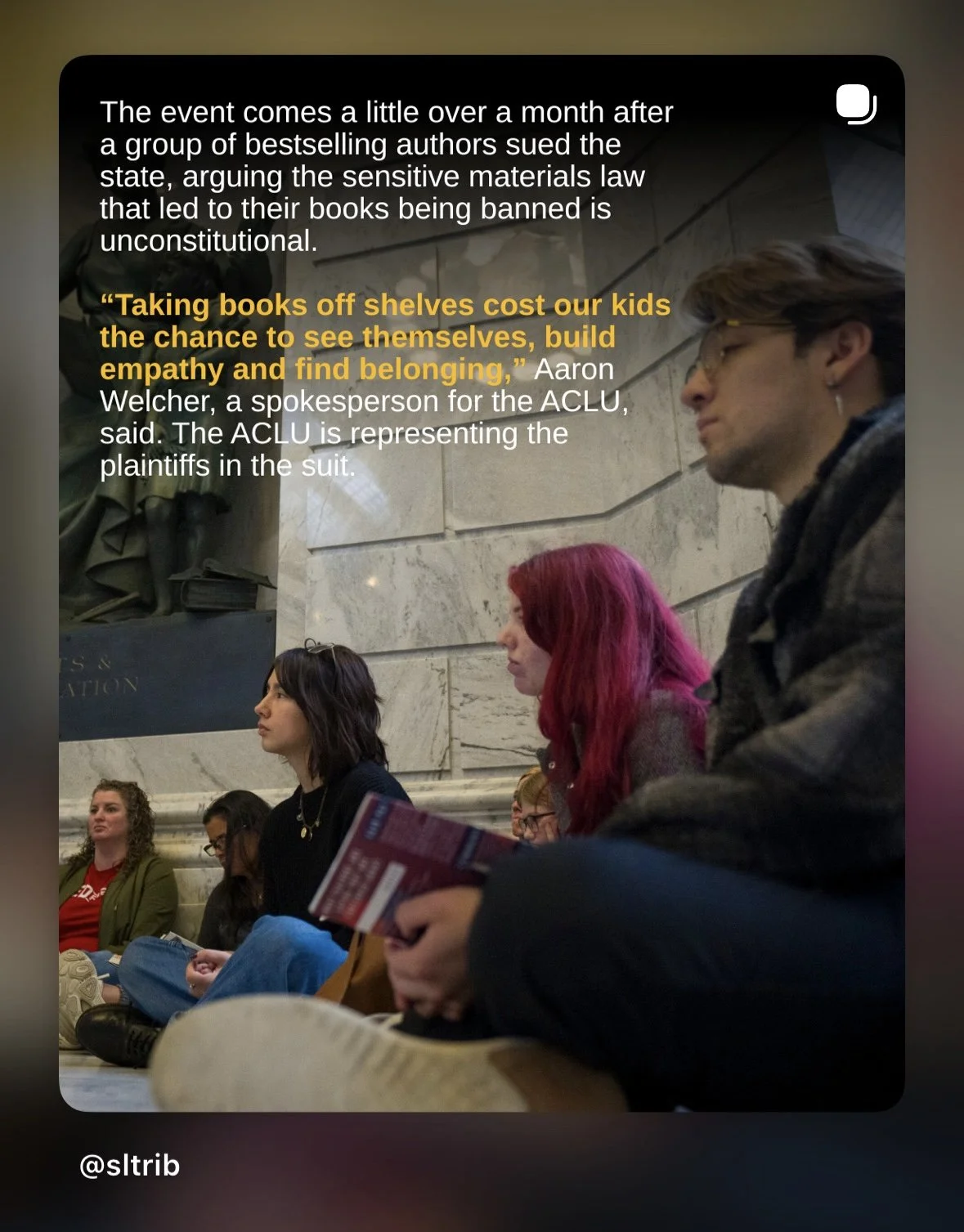 Screenshot of the Salt Lake Tribune sharing a quote by Aaron Welcher on their social media platforms for the Let Utah Read coalition and annual Read-in.