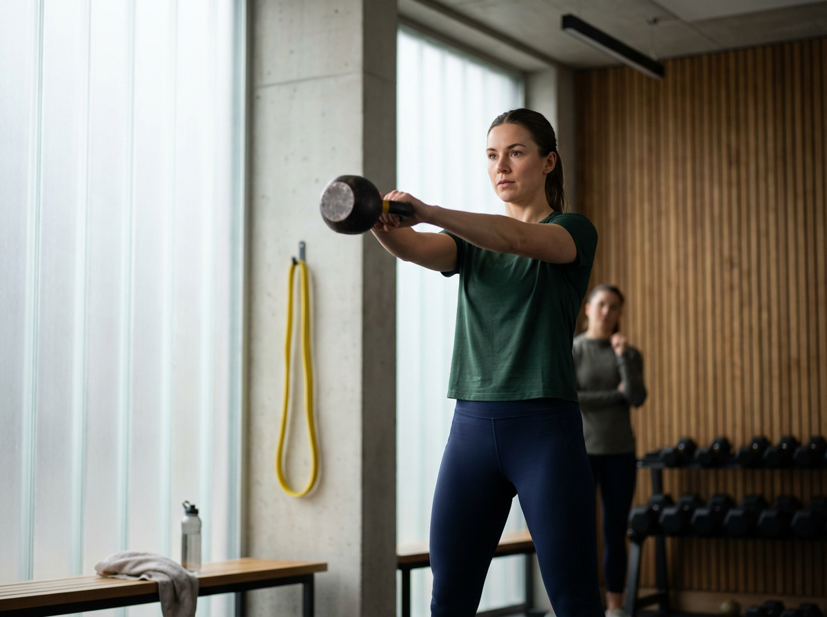 A woman in a gym performing an exercise with a dumbbell, standing with arms extended forward, wearing a green shirt and dark leggings, with another person in the background near a rack of dumbbells.