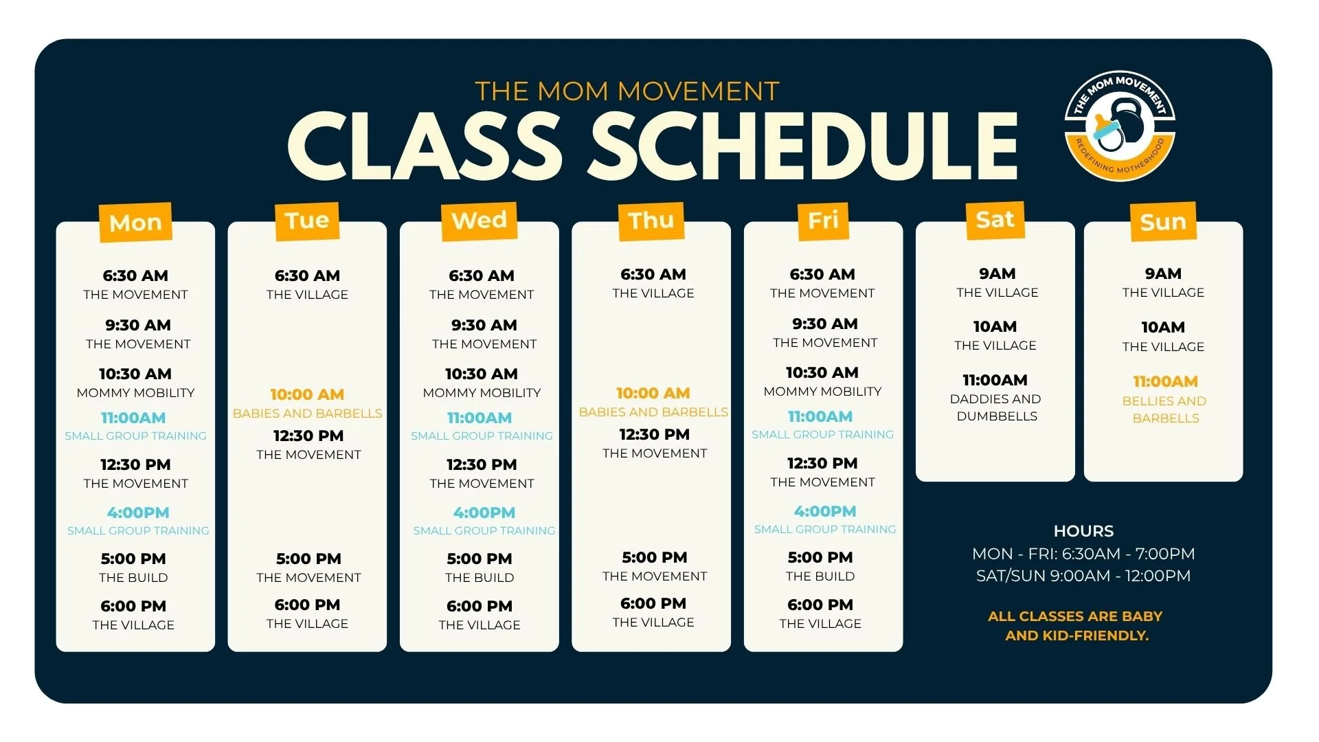 Class schedule for The Mom Movement with activities like The Movement, Mommy Mobility, Small Group Training, and The Build, scheduled at various times from Monday to Sunday with hours listed for weekdays and weekends.