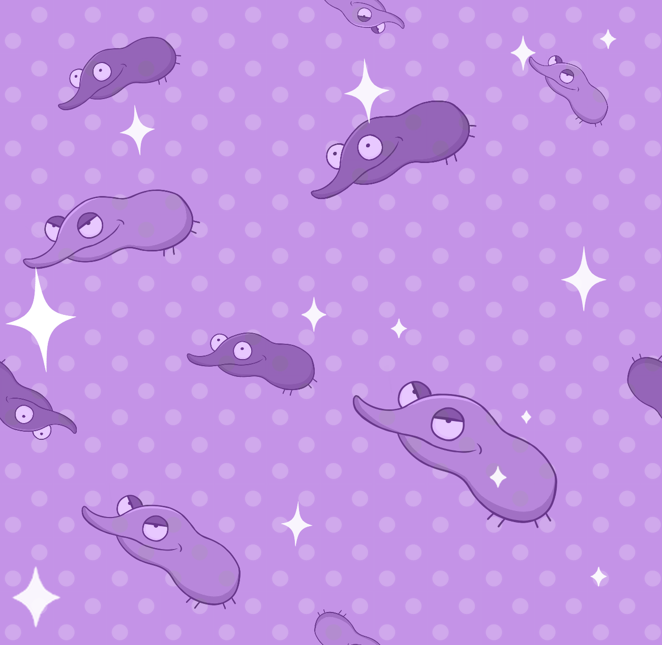 Sbugs with big eyes, smiling, set against a purple polka dot background with white star shapes. Can you hug a Sbug?